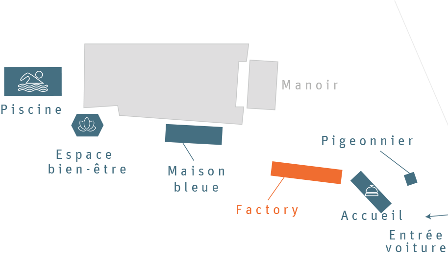 La plan du Clos Grâce avec la localisation du bâtiment factory